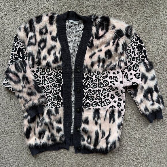 FAUX FUR AND LEOPARD-INTARSIA KNITTED CARDIGAN IN PINK - Picture 1 of 6